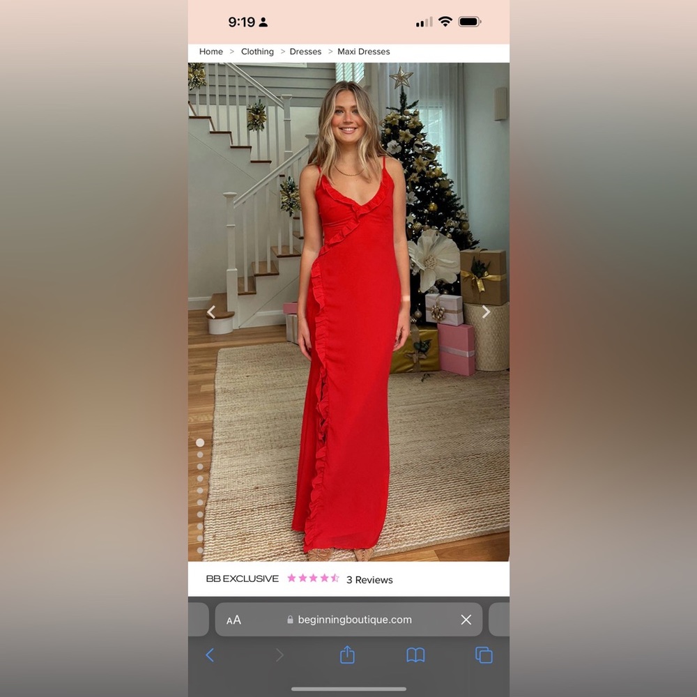 Beginning Boutique, red ruffle maxi dress front slit, never worn,tags on, size 2